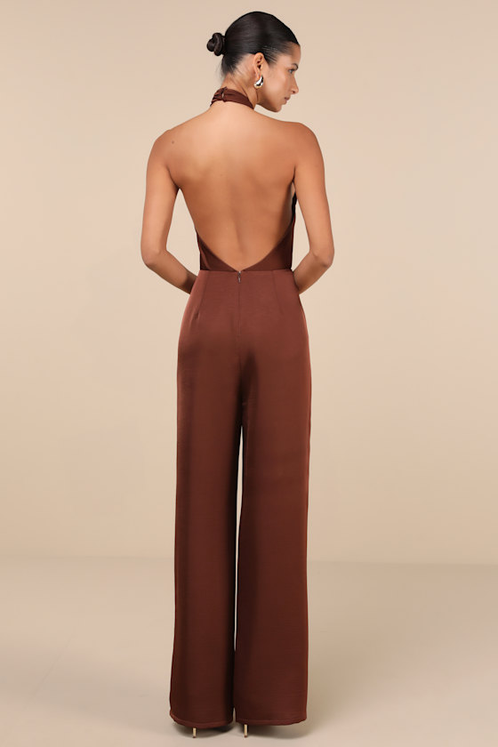 Lulus Beyond Classy Brown Satin Halter Wide-leg Jumpsuit In Brown