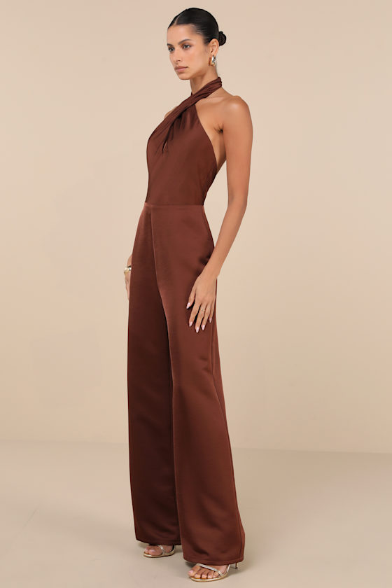 Lulus Beyond Classy Brown Satin Halter Wide-leg Jumpsuit In Brown