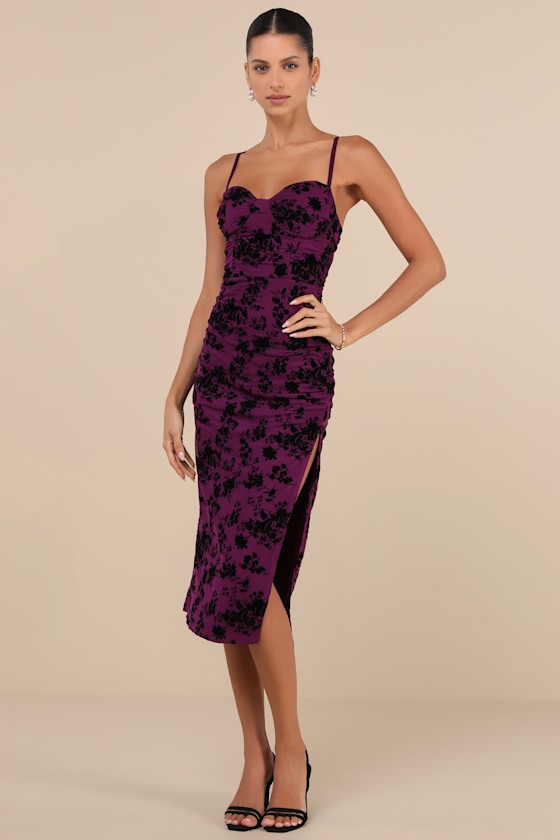 Lulus Decadent Flirt Purple Mesh Velvet Ruched Bodycon Midi Dress In Purple