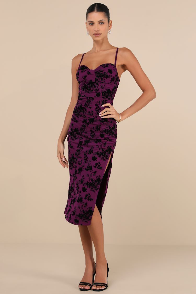 Decadent Flirt Purple Mesh Velvet Ruched Bodycon Midi Dress