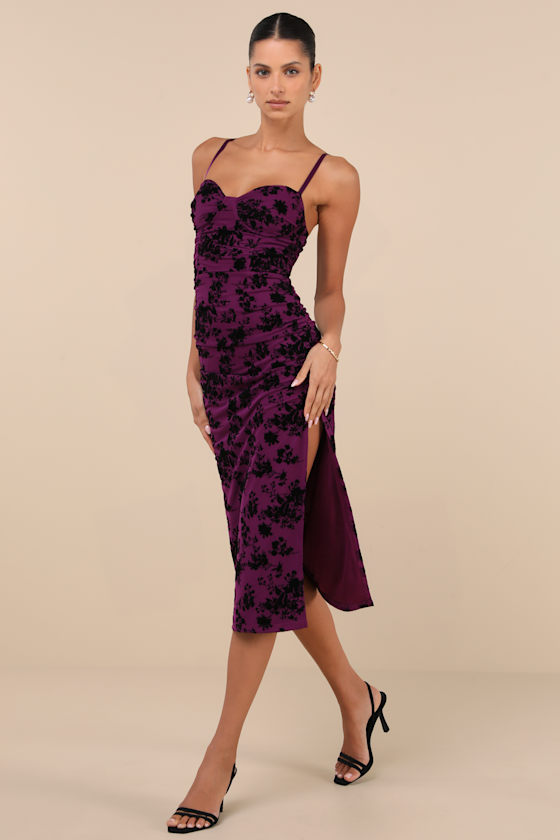 Decadent Flirt Purple Mesh Velvet Ruched Bodycon Midi Dress 3