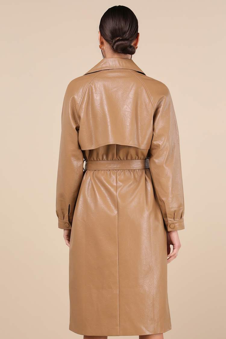 Vegan Leather Trench Tailored Faux Leather Belted Trench Coat