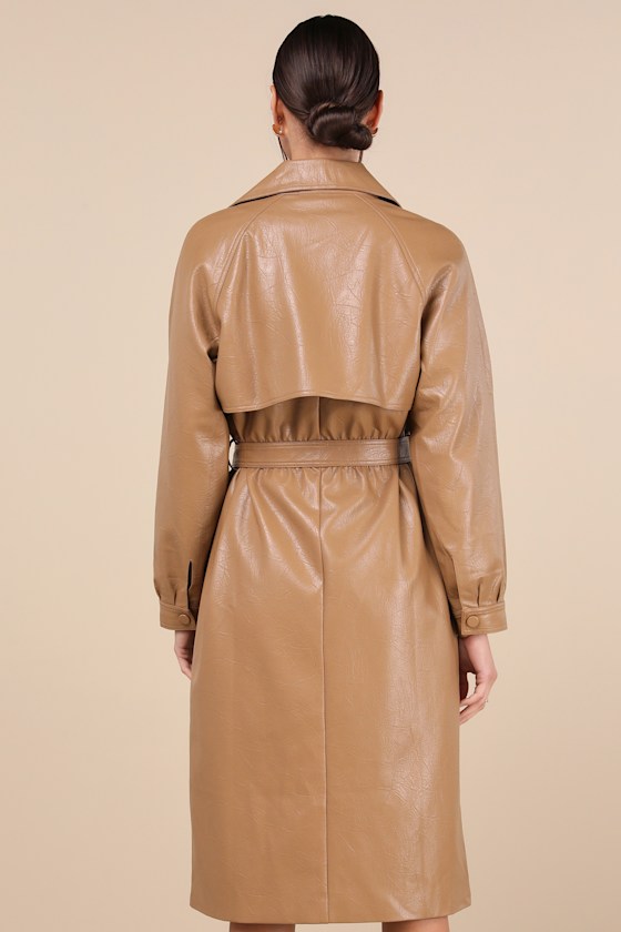 Seasonally Posh Tan Vegan Leather Trench Coat 3