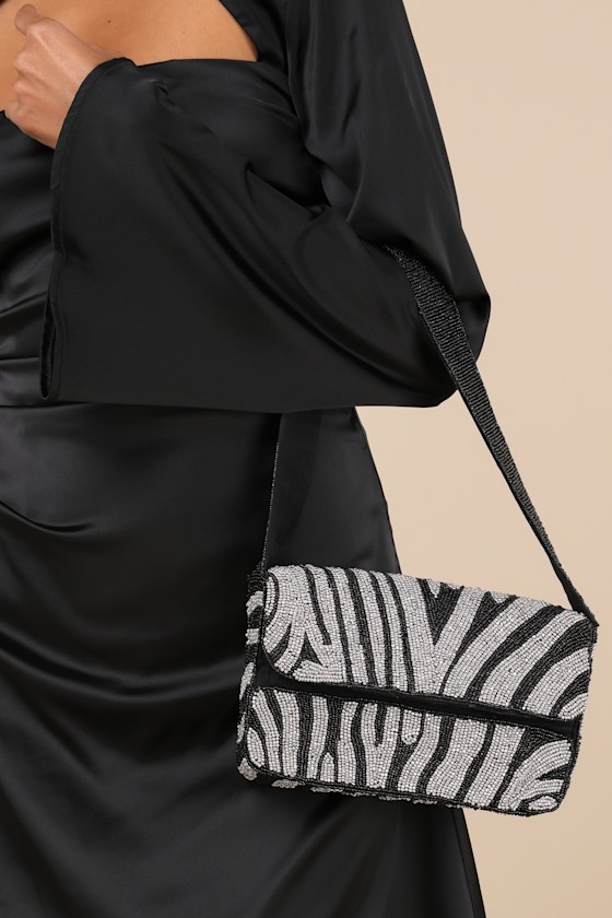 Wild Glamour Black and Silver Zebra Beaded Shoulder Bag 1