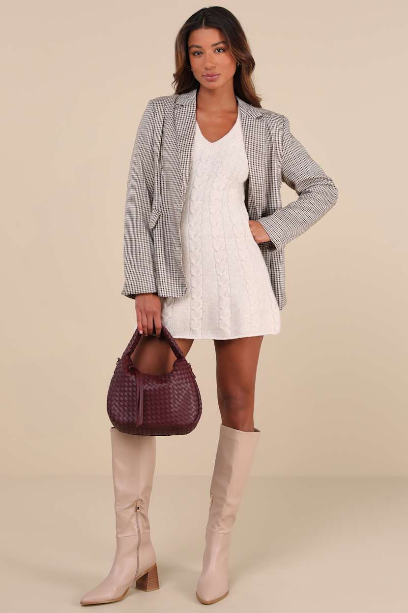 Snuggly Chic Beige Cable Knit Long Sleeve Sweater Mini Dress