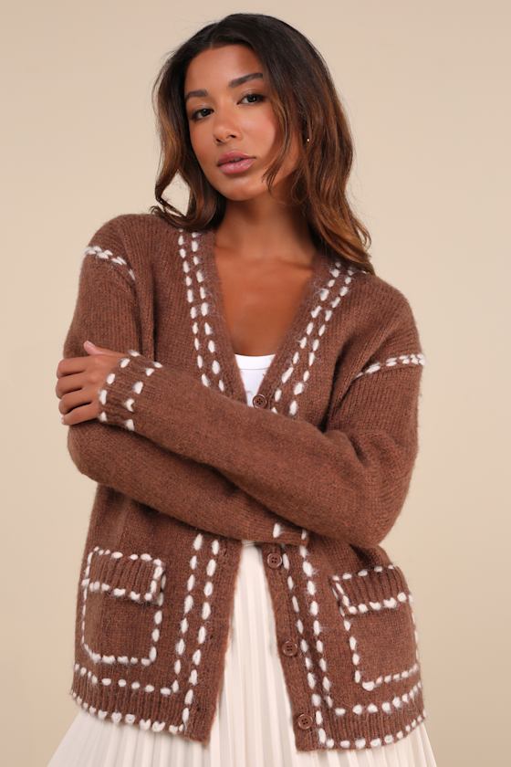 Lulus Cuddly Effect Brown Contrast Stitched Cardigan Sweater In Brown