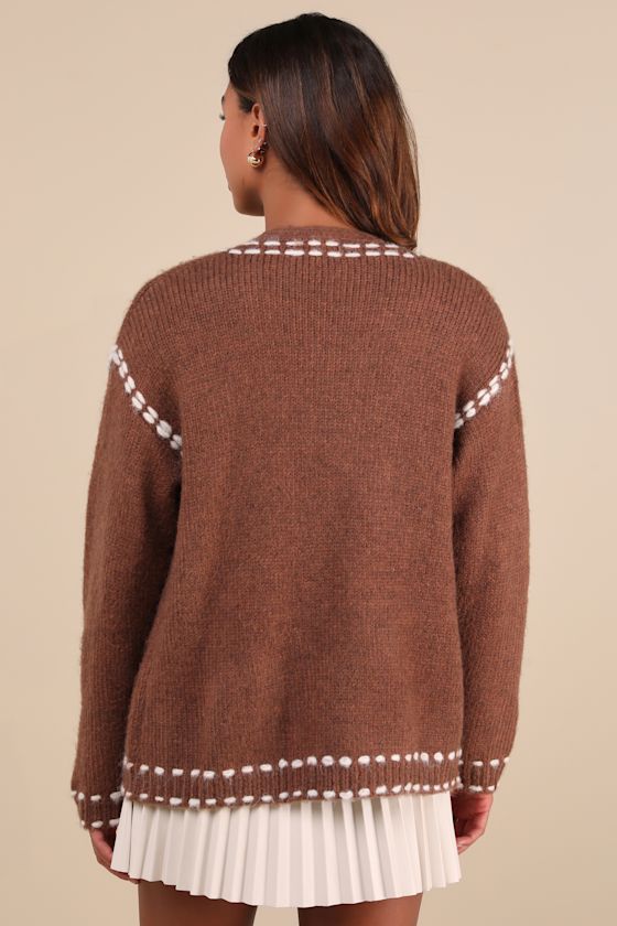 Lulus Cuddly Effect Brown Contrast Stitched Cardigan Sweater In Brown