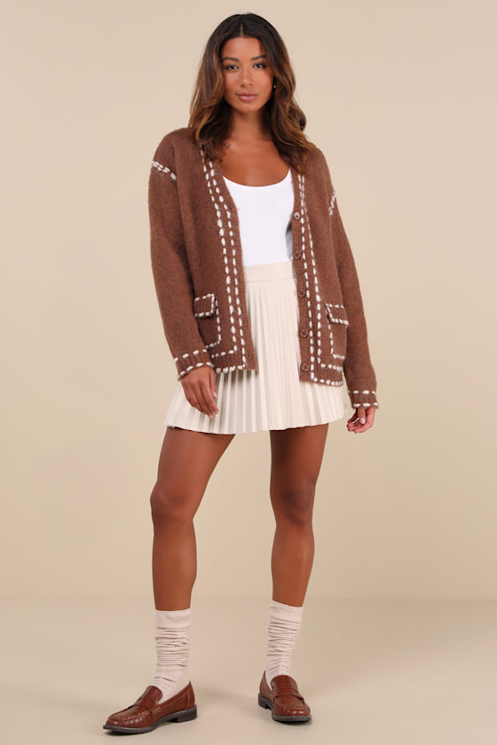 Lulus Cuddly Effect Brown Contrast Stitched Cardigan Sweater In Brown
