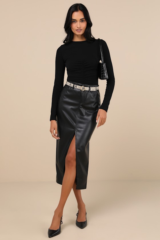 Lulus Casual Energy Black Ruched Long Sleeve Crew Neck Top In Black