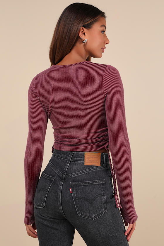 Lulus Sweet Ease Berry Red Textured Ribbed Ruched Long Sleeve Top In Berry Red