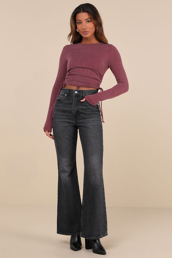 Lulus Sweet Ease Berry Red Textured Ribbed Ruched Long Sleeve Top In Berry Red