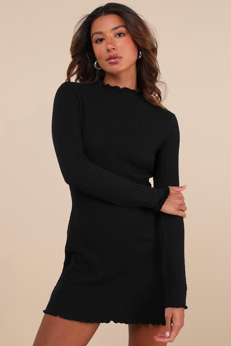 Flattering Forecast Black Textured Long Sleeve Mini Dress