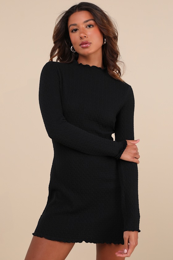 Flattering Forecast Black Textured Long Sleeve Mini Dress 3