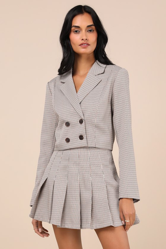 Brown Plaid Skirt - Pleated Mini Skirt - High-Rise Skirt