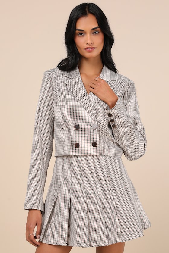 Lulus Convincingly Poised Brown Plaid Double-breasted Cropped Blazer In Brown