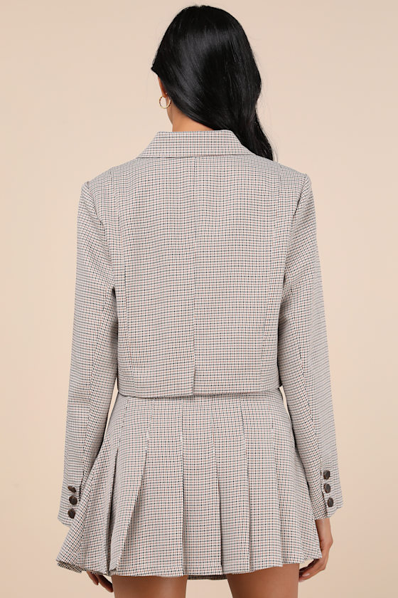Lulus Convincingly Poised Brown Plaid Double-breasted Cropped Blazer In Brown
