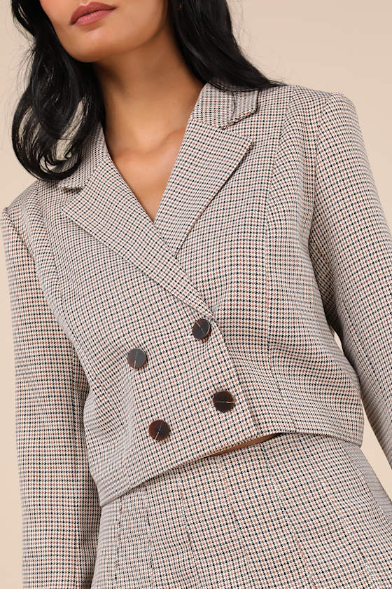 Lulus Convincingly Poised Brown Plaid Double-breasted Cropped Blazer In Brown
