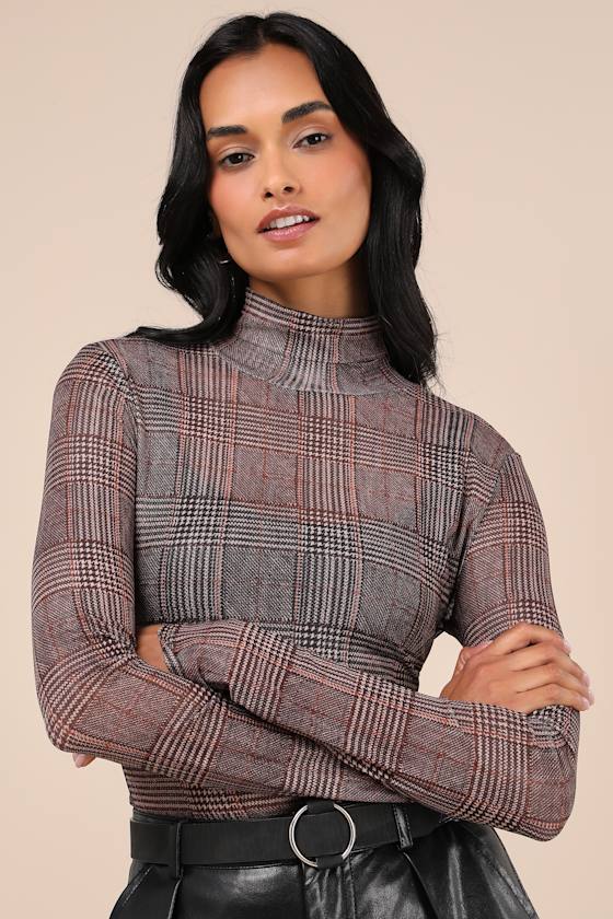 Coveted Trend Brown Plaid Mesh Long Sleeve Turtleneck Top 4