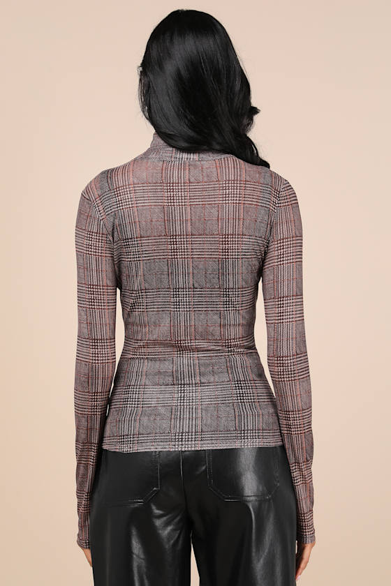 Coveted Trend Brown Plaid Mesh Long Sleeve Turtleneck Top 3