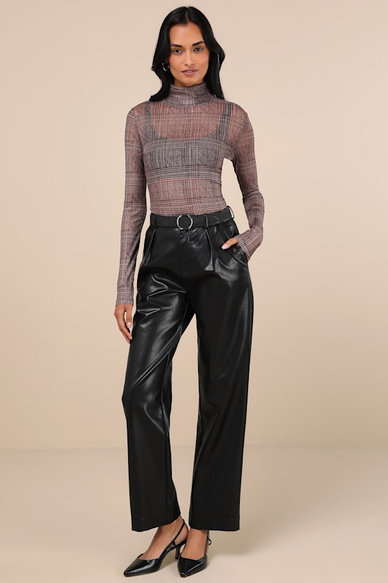 Brown Plaid Top - Mesh Long Sleeve Top - Sheer Turtleneck Top - Lulus