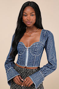 Confidently Coveted Dark Wash Denim Long Sleeve Bustier Crop Top 1
