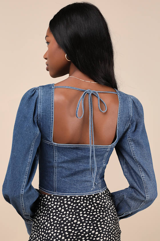 Lulus Confidently Coveted Dark Wash Denim Long Sleeve Bustier Crop Top In Blue