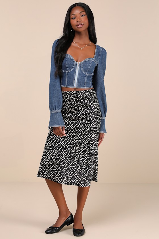 Lulus Confidently Coveted Dark Wash Denim Long Sleeve Bustier Crop Top In Blue