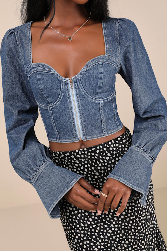 Lulus Confidently Coveted Dark Wash Denim Long Sleeve Bustier Crop Top In Blue