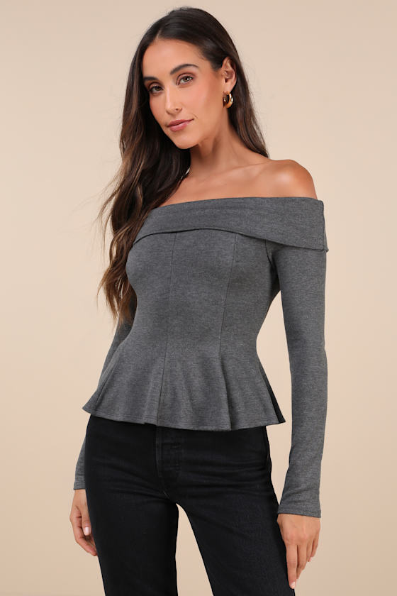 OHTORO Petal Layer Shoulder Top グレー Dark Grey Off-the-Shoulder Top - Long Sleeve Top - Flare Hem Top