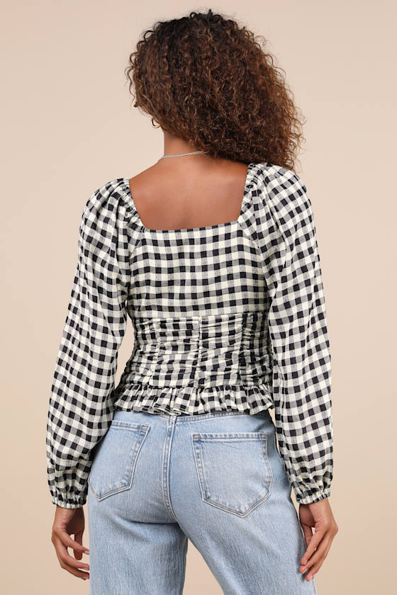 Lulus Cutest Beauty Black And White Gingham Ruched Balloon Sleeve Top In Black And White