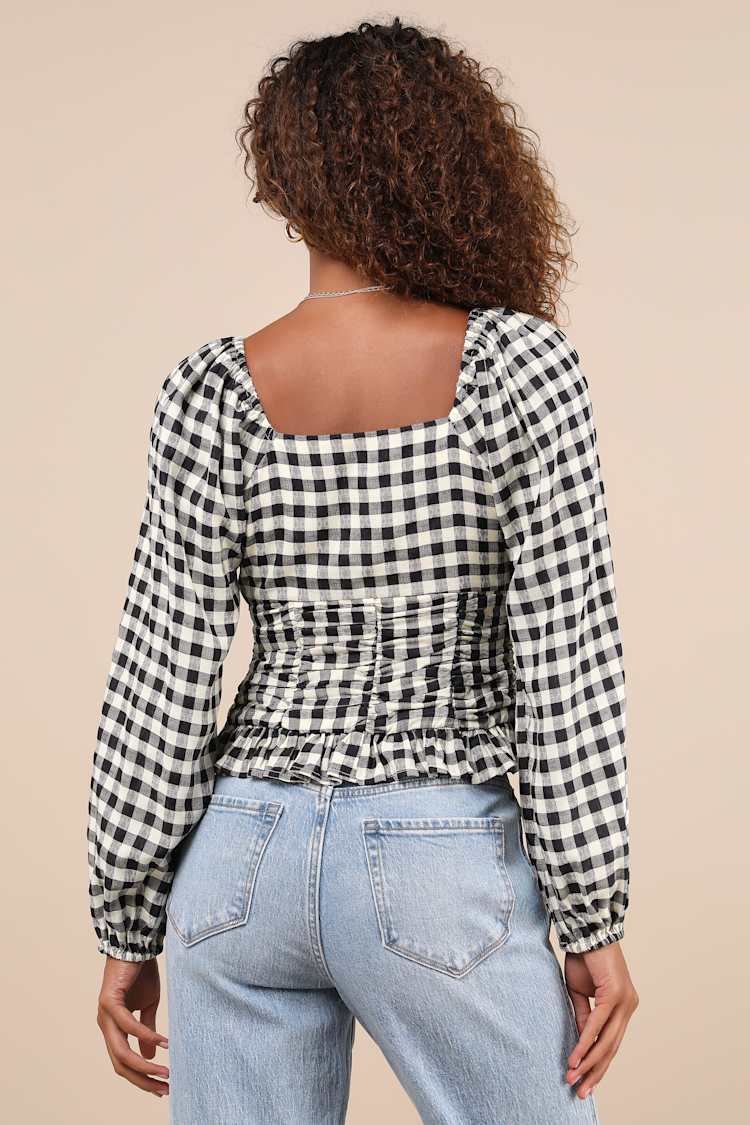 Cutest Beauty Black and White Gingham Ruched Balloon Sleeve Top