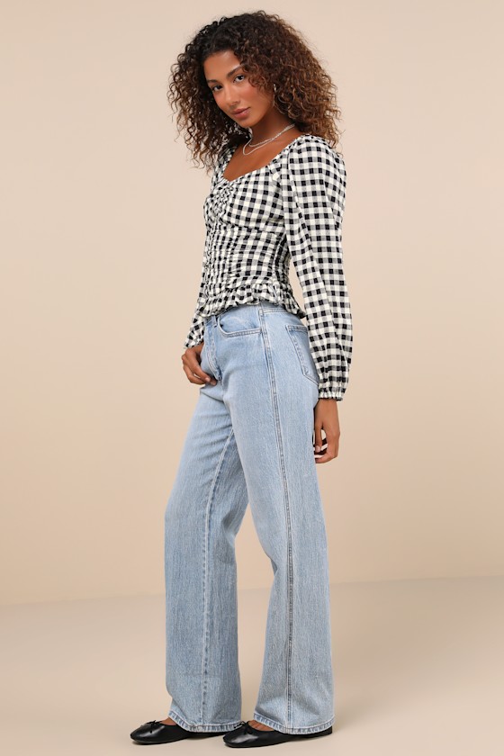 Lulus Cutest Beauty Black And White Gingham Ruched Balloon Sleeve Top In Black And White