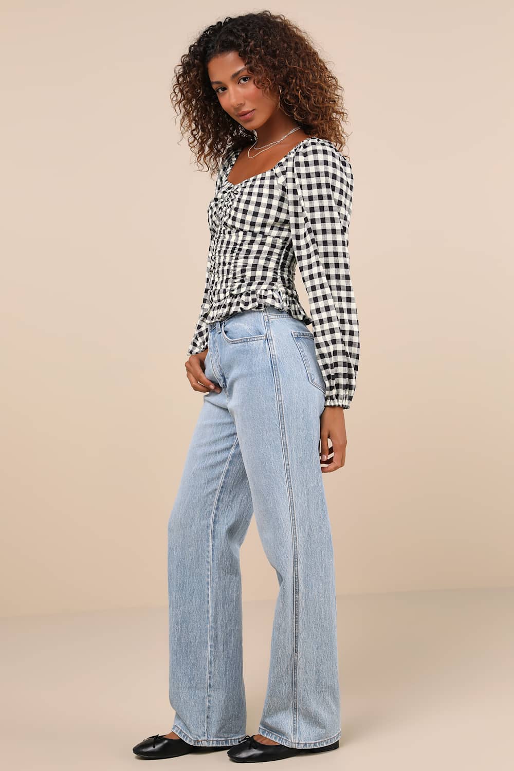 Cutest Beauty Black and White Gingham Ruched Balloon Sleeve Top
