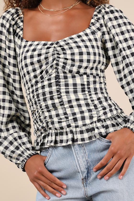 Lulus Cutest Beauty Black And White Gingham Ruched Balloon Sleeve Top In Black And White