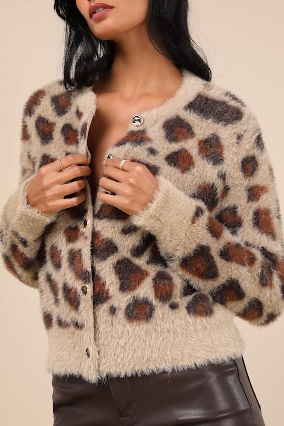 LULUS FIERCE AND COZY TAN LEOPARD PRINT EYELASH KNIT CARDIGAN SWEATER
