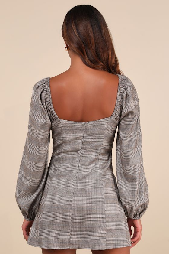 Lulus Perfect Forecast Brown Plaid Tweed Long Sleeve Lace Mini Dress In Brown