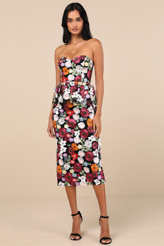 Image of Fabulous Display Black Multi 3D Floral Strapless Midi Dress