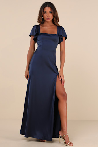 Ultimate Sweetness Navy Blue Satin Flutter Sleeve Maxi Dress 2