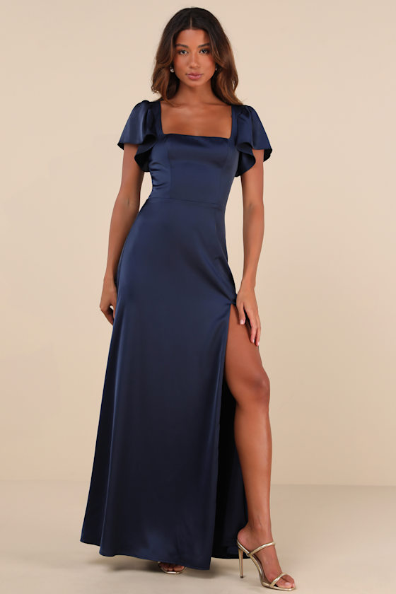 Ultimate Sweetness Navy Blue Satin Flutter Sleeve Maxi Dress 2