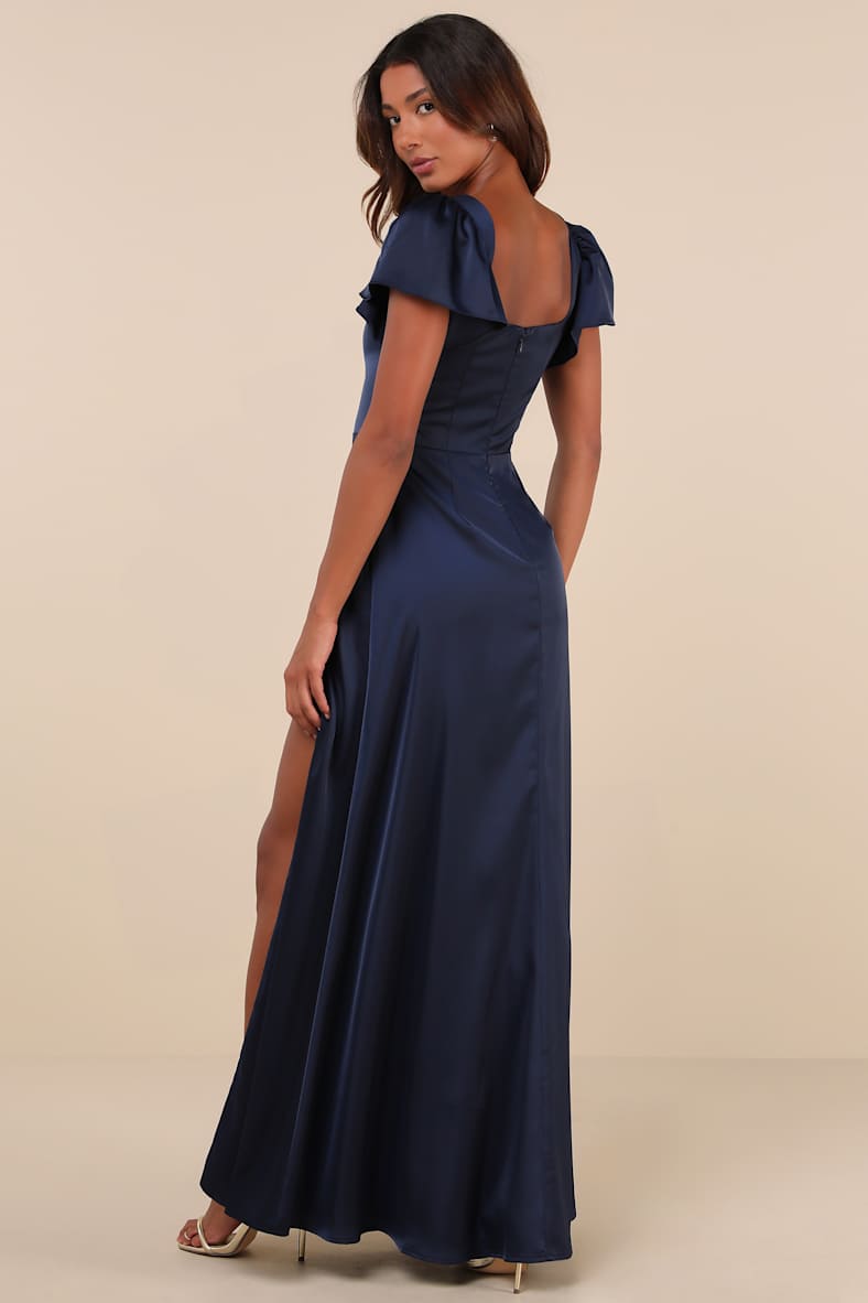Ultimate Sweetness Navy Blue Satin Flutter Sleeve Maxi Dress