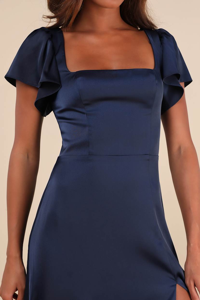 Ultimate Sweetness Navy Blue Satin Flutter Sleeve Maxi Dress