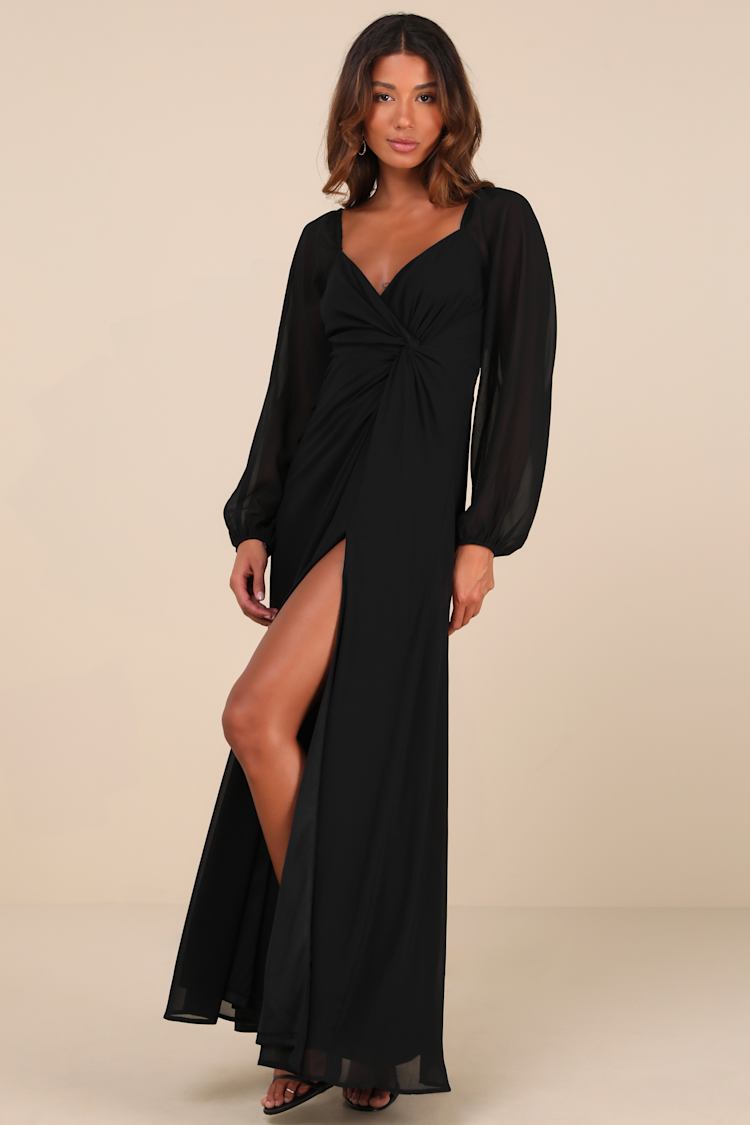 chinese dress ladies A-Line Flowy Long Sleeve Tie V Neck Pleated Midi Dress, Black / Xs main image 0
