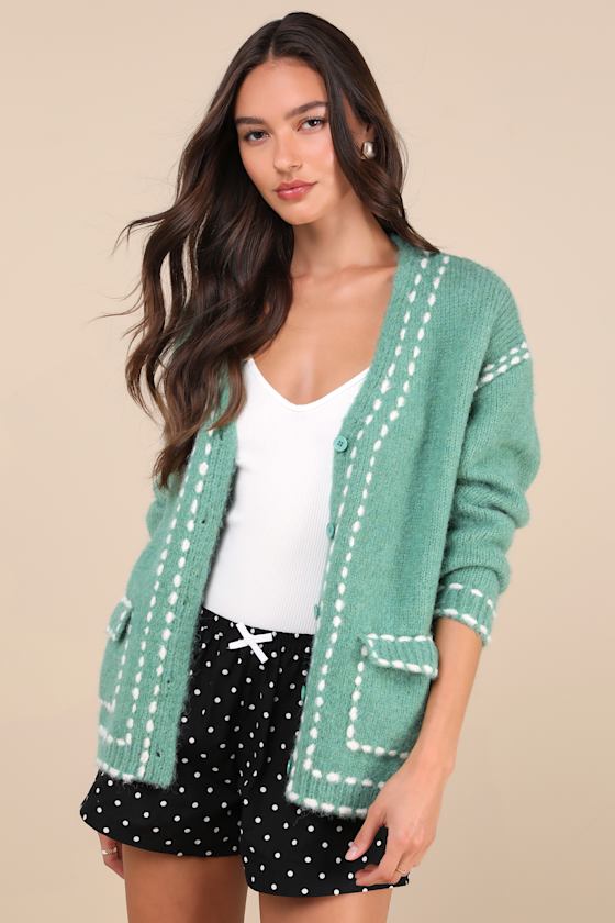 Lulus Cuddly Effect Green Contrast Stitched Cardigan Sweater In Green