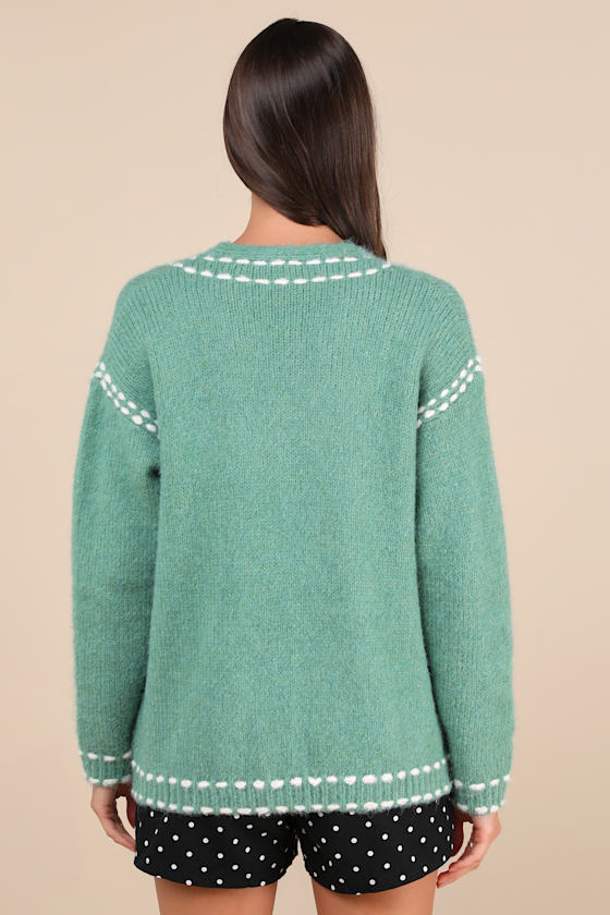 Lulus Cuddly Effect Green Contrast Stitched Cardigan Sweater In Green