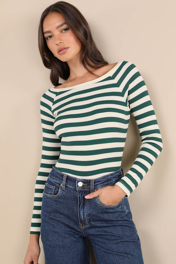 Reliably Cozy Cream and Green Striped Long Sleeve Top 2