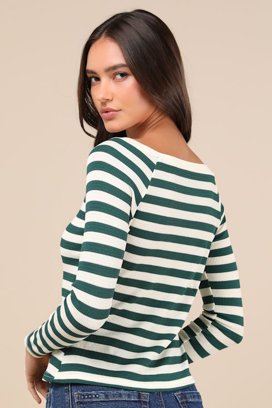 Reliably Cozy Cream and Green Striped Long Sleeve Top 4