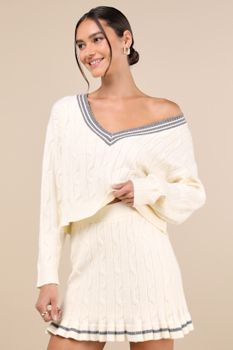 Studious Charm Ivory and Heather Grey Cable Knit Mini Skirt 3