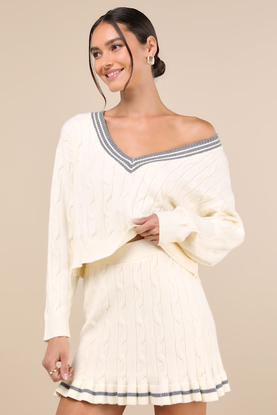 Studious Charm Ivory and Heather Grey Cable Knit Mini Skirt 3