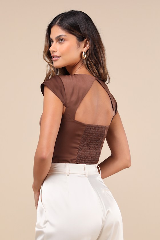 Sophisticated Intention Brown Satin Cutout Cap Sleeve Bodysuit 2