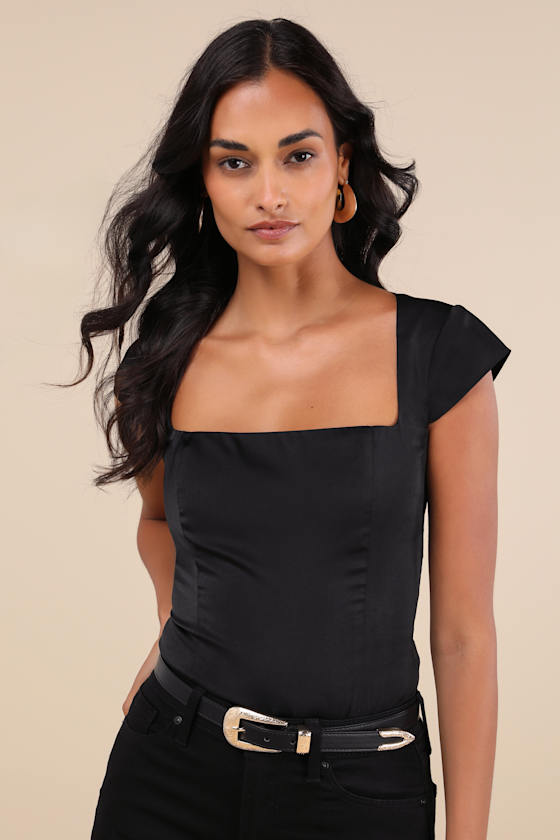 Sophisticated Intention Black Satin Cutout Cap Sleeve Bodysuit 1